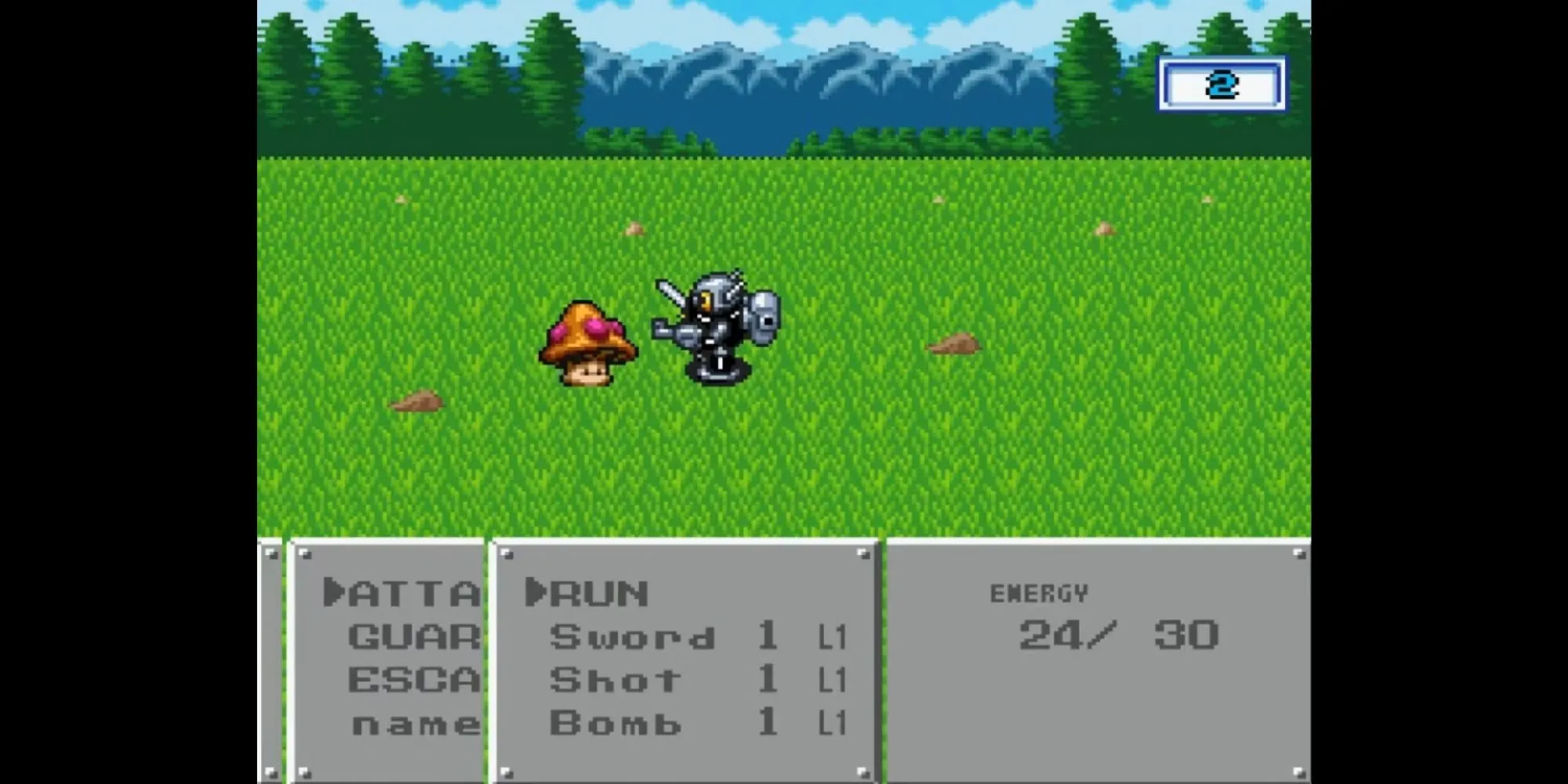 Giao diện chiến đấu trong game JRPG Robotrek, hiển thị robot và kẻ địch trên màn hình trận đấu