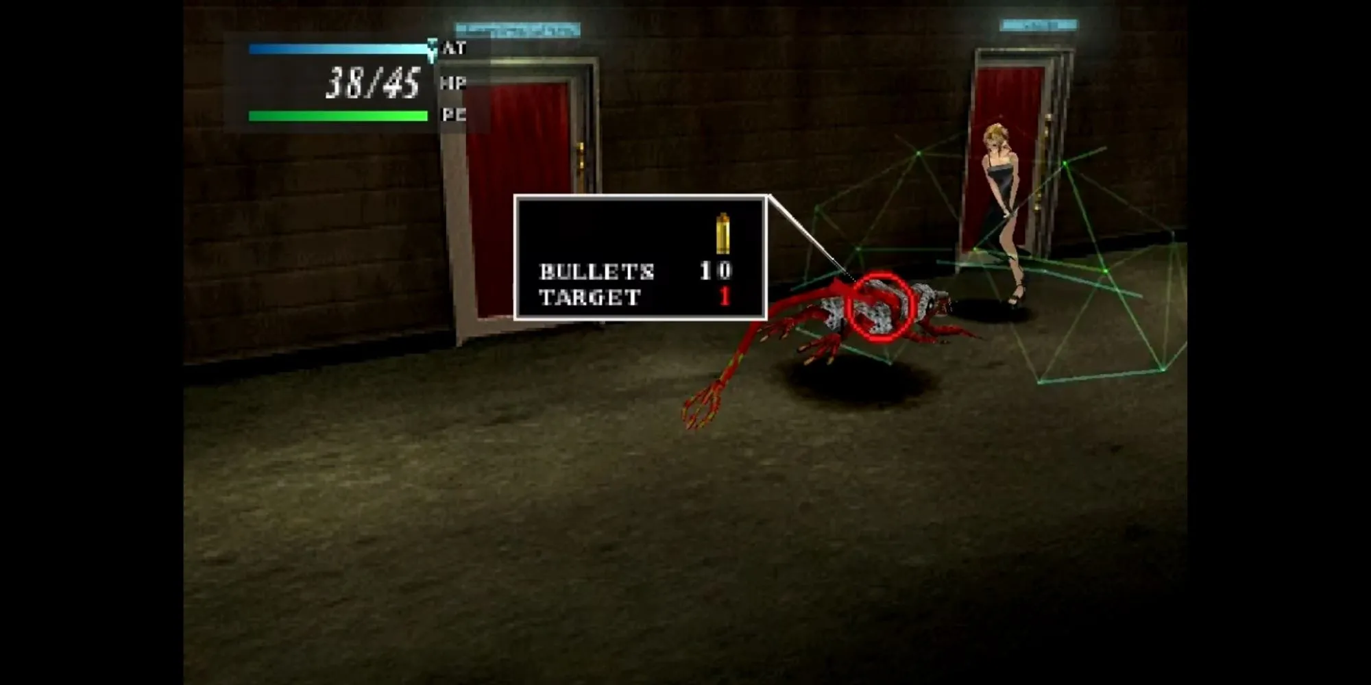 Giao diện chiến đấu trong game kinh dị nhập vai Parasite Eve, hiển thị nhân vật Aya Brea chiến đấu với quái vật trong môi trường đô thị