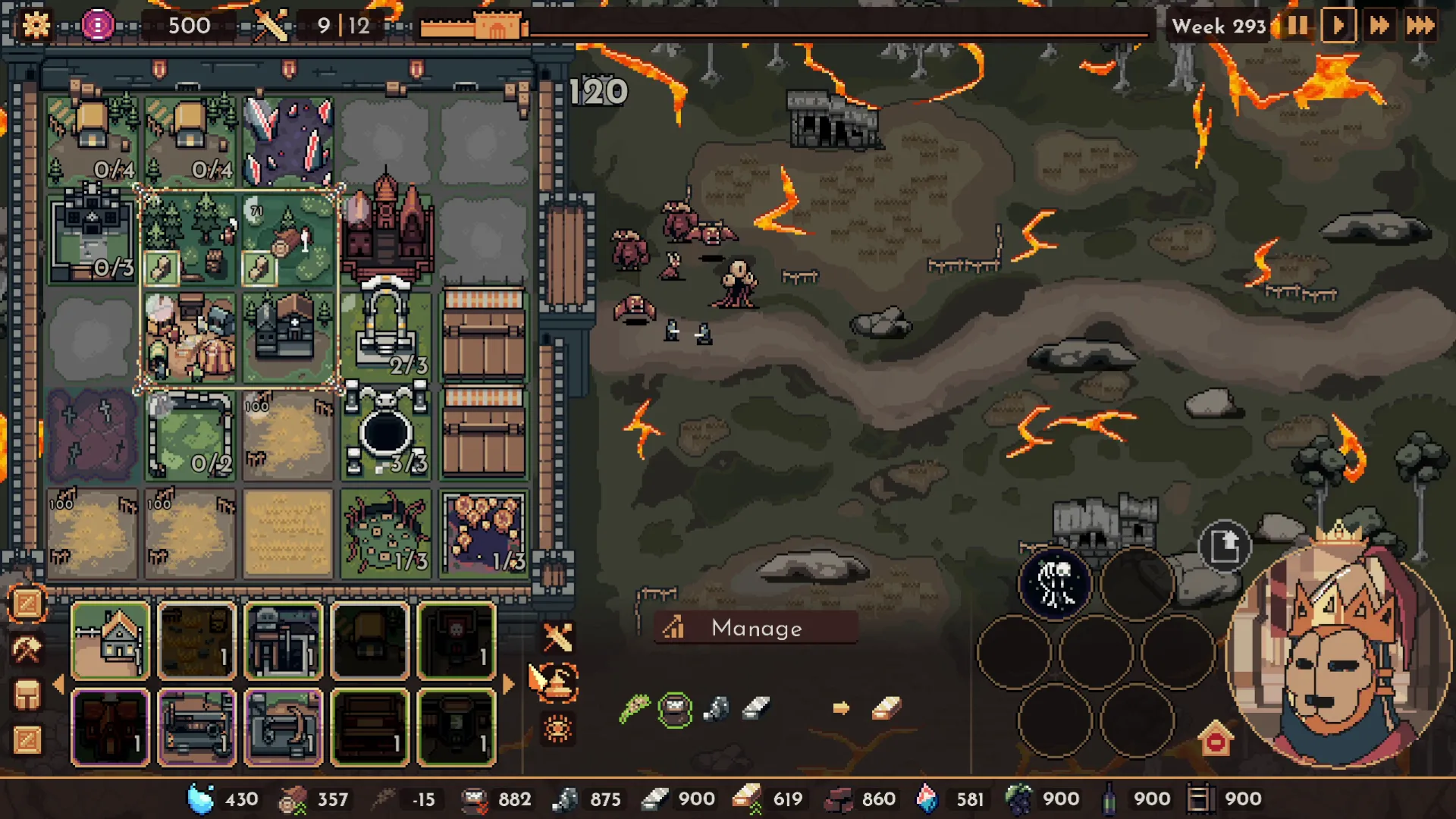 Giao diện quản lý thành phố trong game deck-builder The King Is Watching