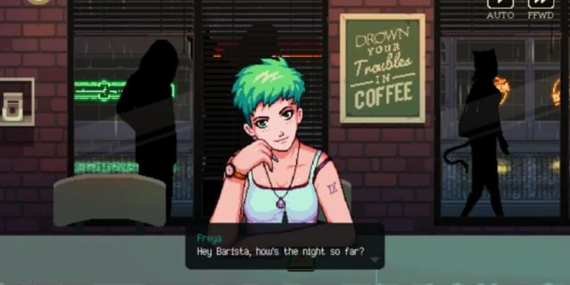 Giao diện quầy bar trong game Coffee Talk với khách hàng đang trò chuyện