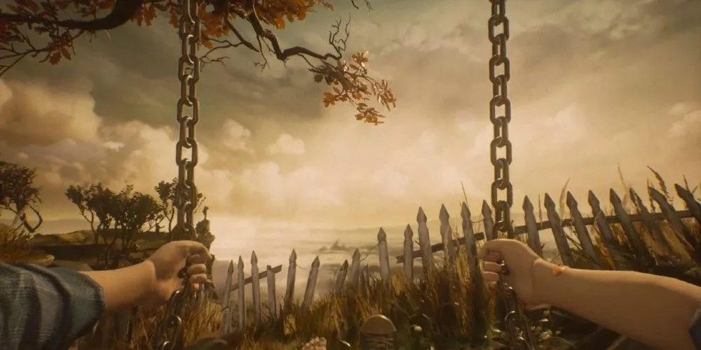 Góc nhìn thứ nhất từ chiếc xích đu nhìn ra hàng rào gỗ bị hỏng trong What Remains of Edith Finch
