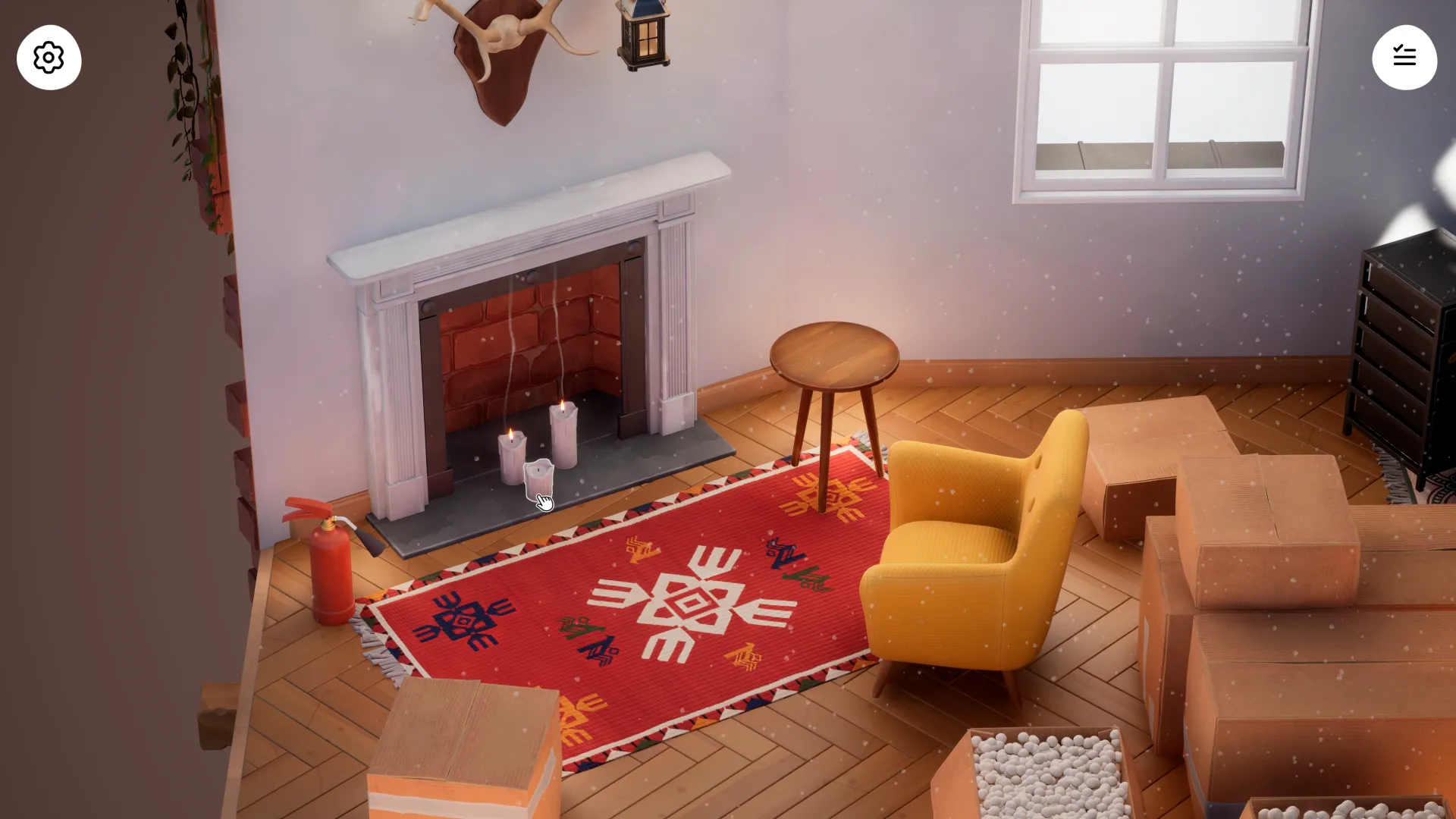 Góc phòng khách gọn gàng trong game cozy Hozy