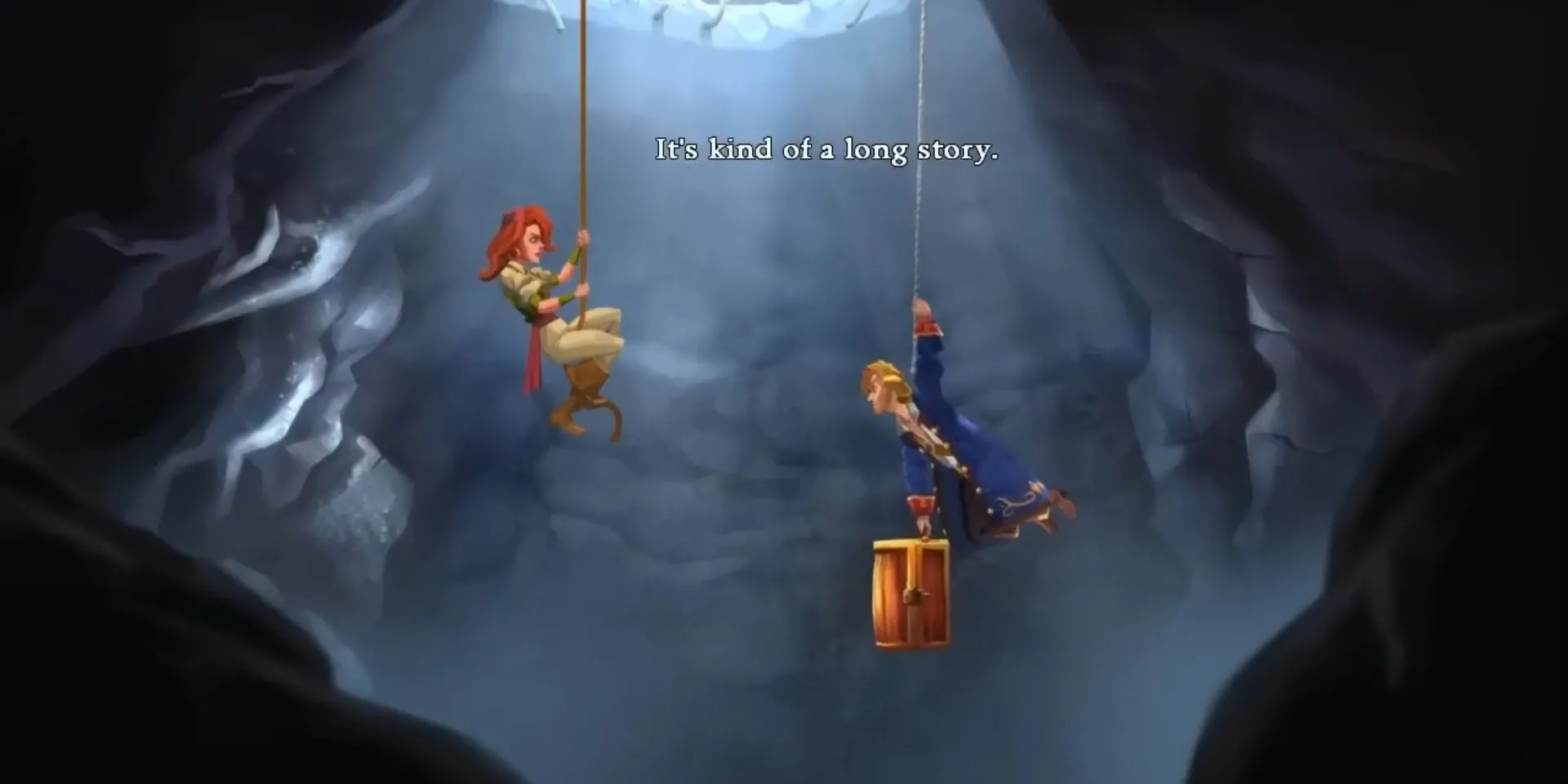 Guybrush và Elaine treo mình trên dây trong Monkey Island 2 LeChuck's Revenge