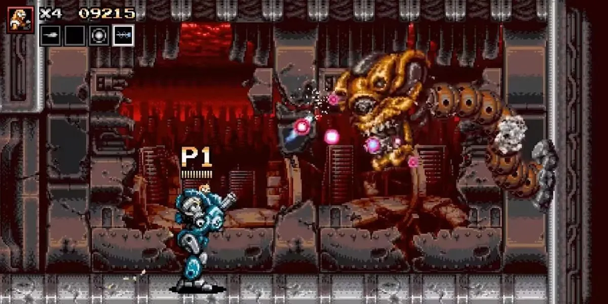 Hai nhân vật chính chiến đấu chống lại một con robot khổng lồ trong Blazing Chrome