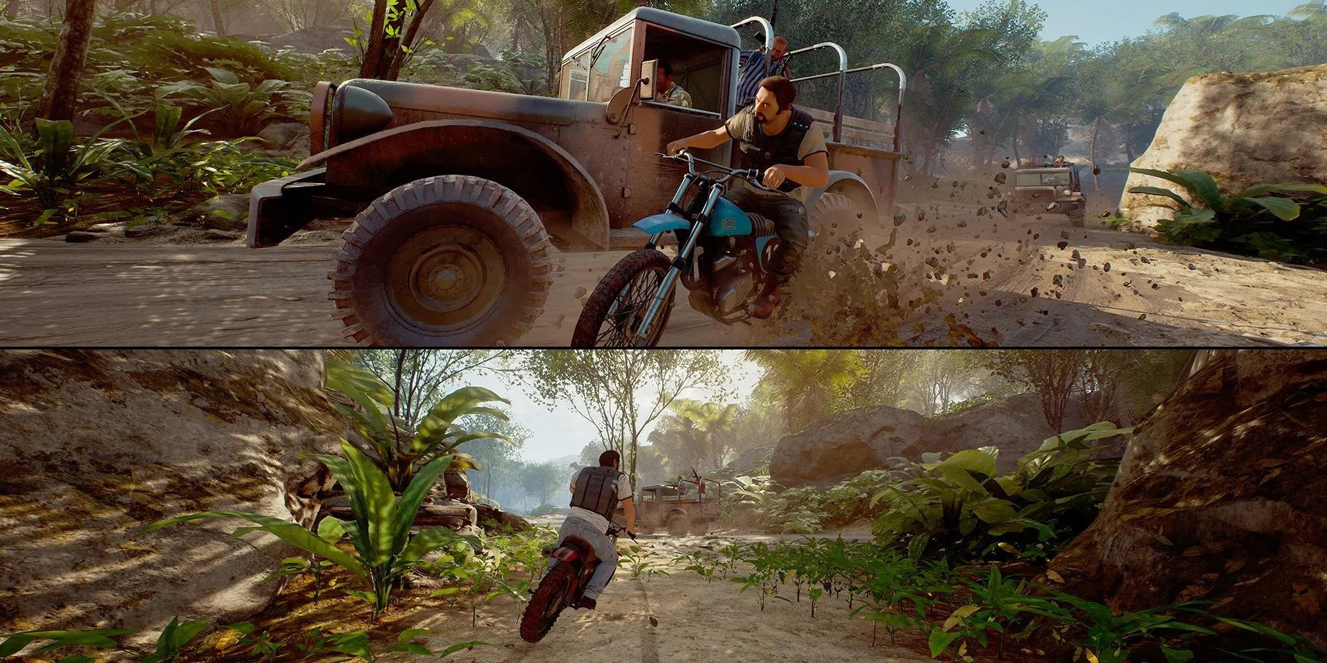 Hai nhân vật chính Vincent và Leo lái xe máy trong game A Way Out, bối cảnh game co-op hành động phiêu lưu.
