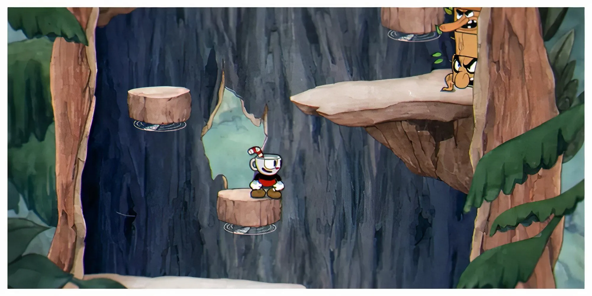 Hai nhân vật Cuphead và Mugman bắn vào một con boss trong màn chơi run and gun