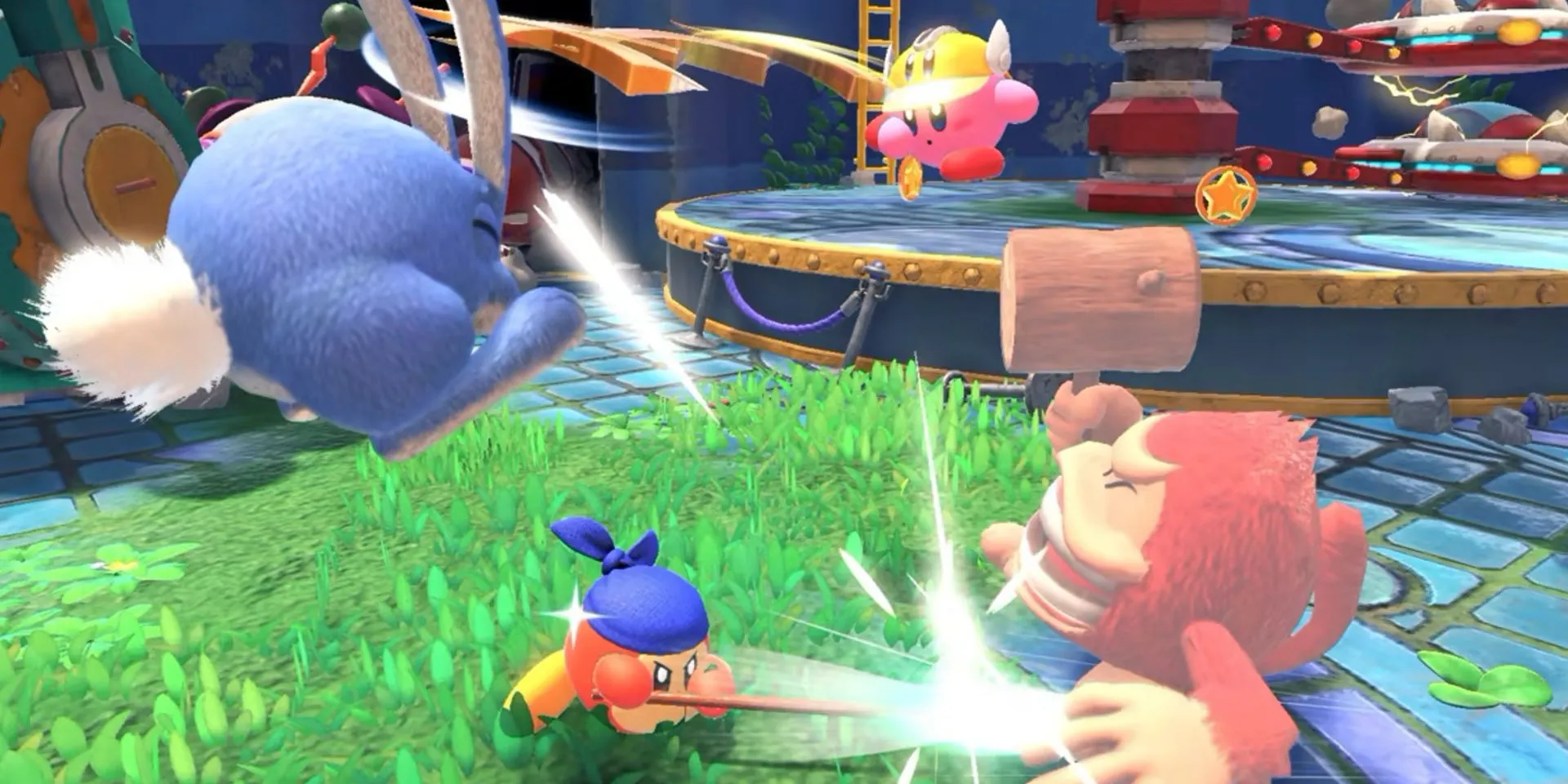 Hai nhân vật Kirby và Bandana Waddle Dee khám phá thế giới trong game Kirby and the Forgotten Land trên Nintendo Switch.