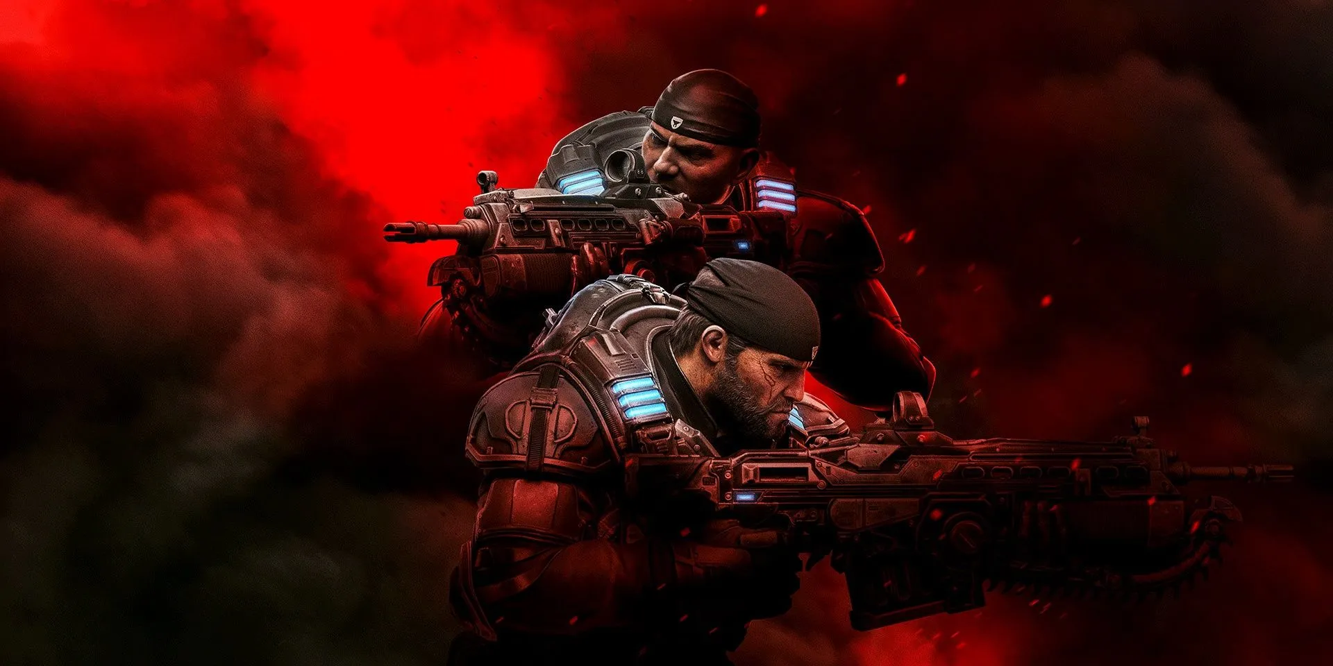 Hai nhân vật Marcus Fenix và Delmont Walker ẩn nấp sau vật cản trong game bắn súng góc nhìn thứ ba Gears 5.