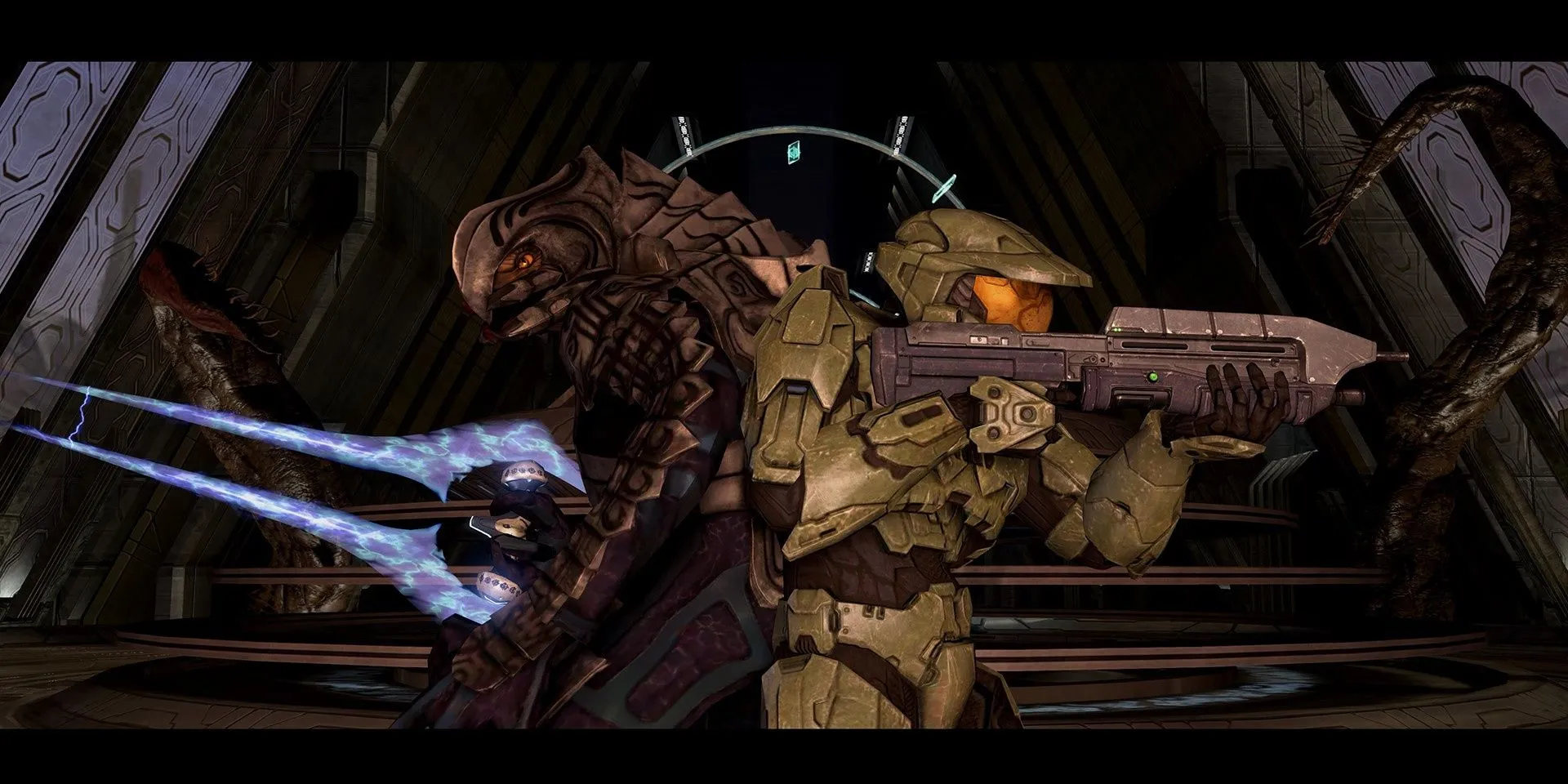 Hai nhân vật Master Chief và Arbiter sẵn sàng chiến đấu trong game bắn súng Halo 3.