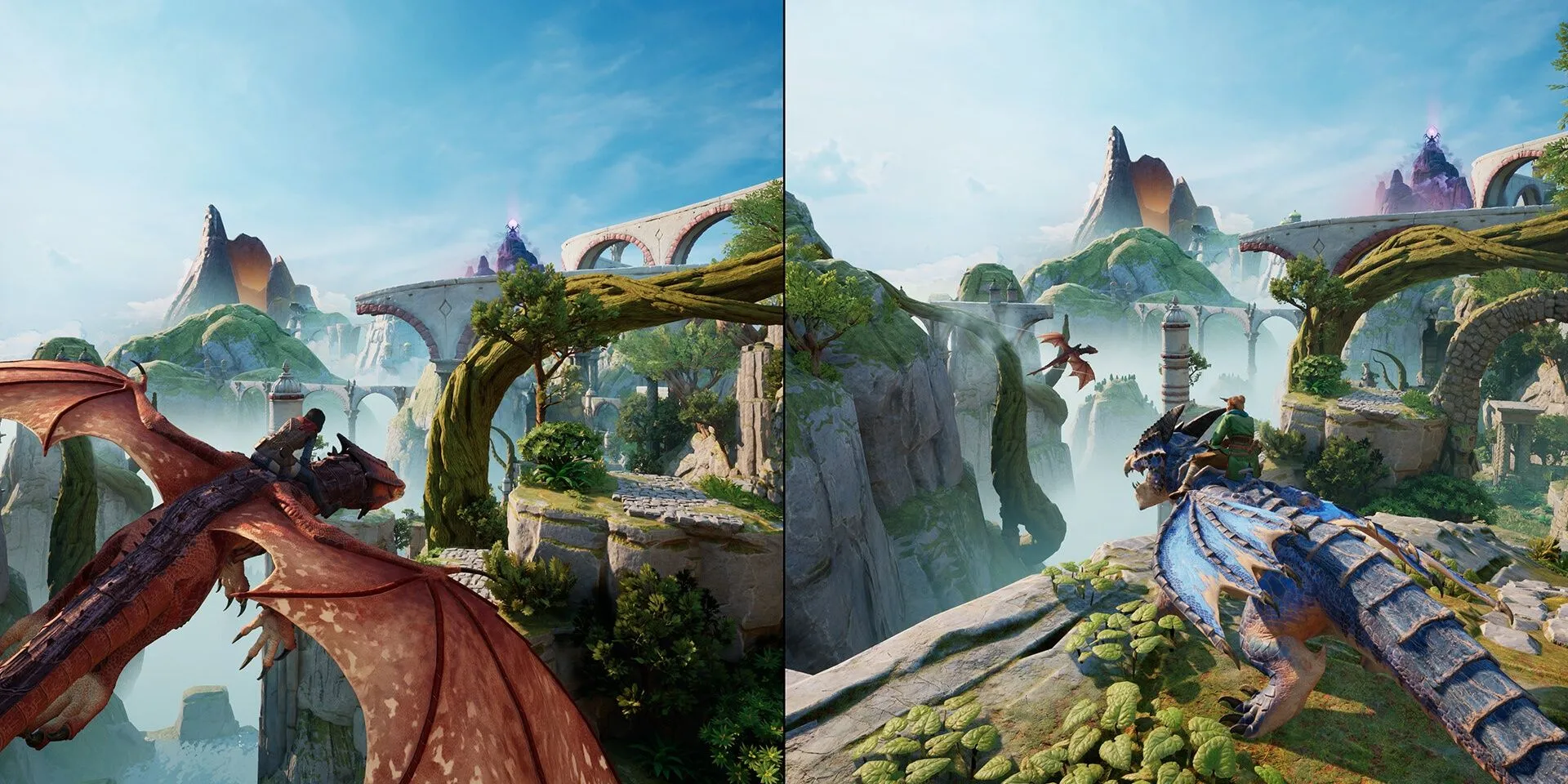 Hai nhân vật Mio và Zoe cưỡi rồng trong bối cảnh game hành động phiêu lưu giả tưởng Split Fiction.