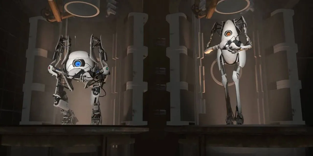 Hai robot Atlas và P-Body sẵn sàng giải đố trong phòng thử nghiệm của Aperture Science trong game Portal 2 co-op.