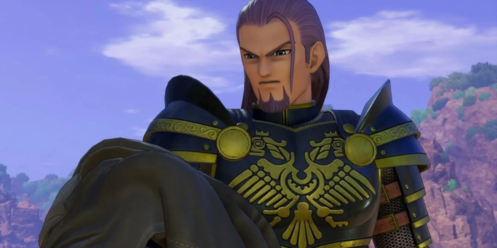 Hendrik, hiệp sĩ áo giáp từ Dragon Quest XI, trong tư thế chiến đấu với kiếm và khiên