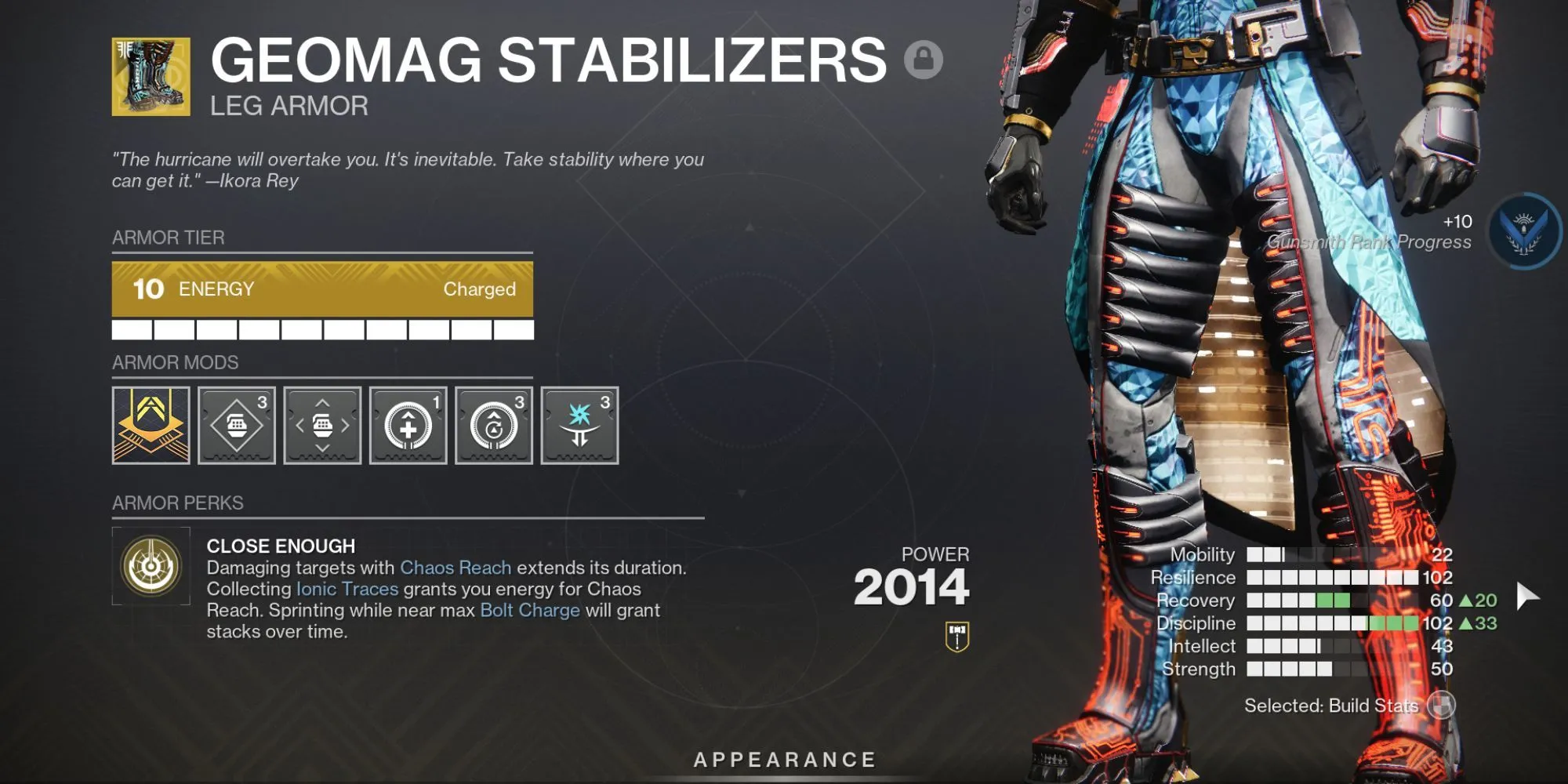 Hiệu ứng điện từ build Arc Warlock kết hợp Geomag Stabilizers trong Destiny 2