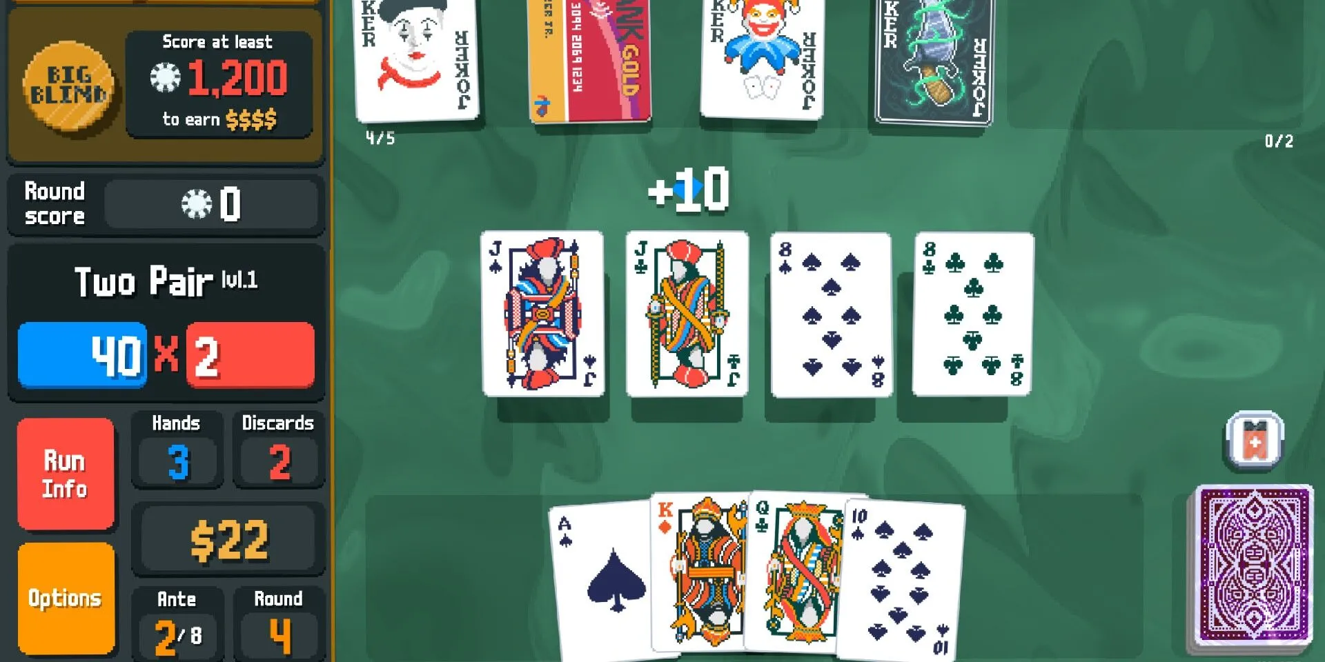 Hình ảnh bài poker Two Pair với quân Joker đặc biệt trong game Balatro