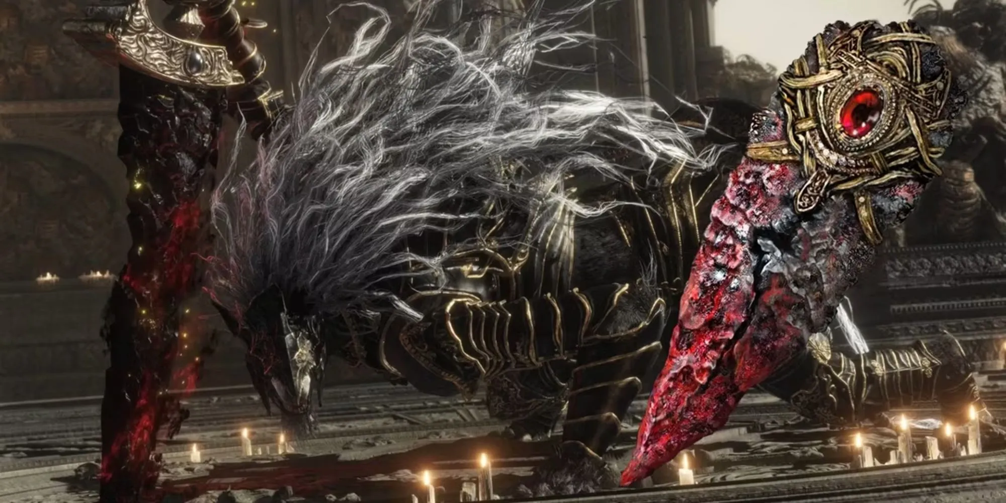Hình ảnh boss Maliketh, the Black Blade trong game Elden Ring sử dụng Blasphemous Claw