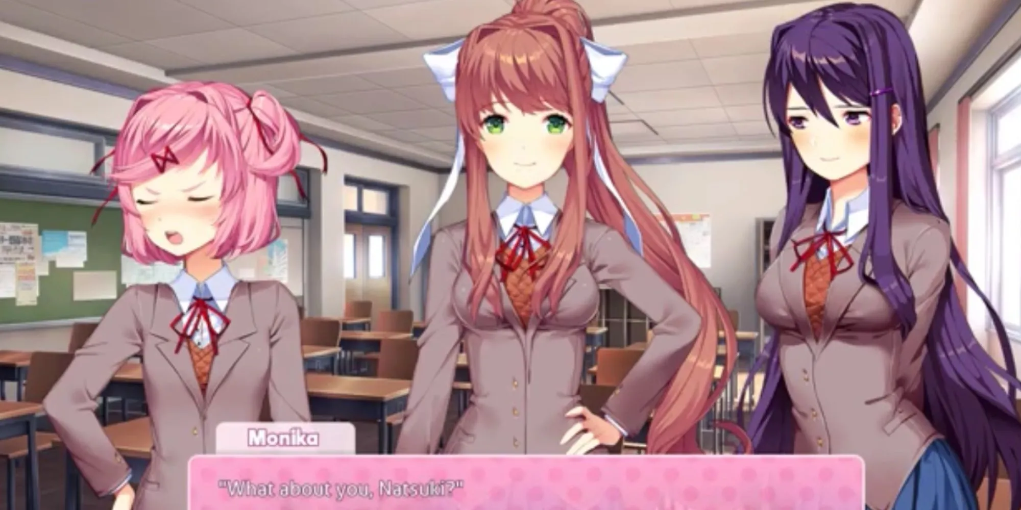 Hình ảnh các cô gái theo phong cách anime từ Doki Doki Literature Club: Natsuki, Monika, và Yuri.