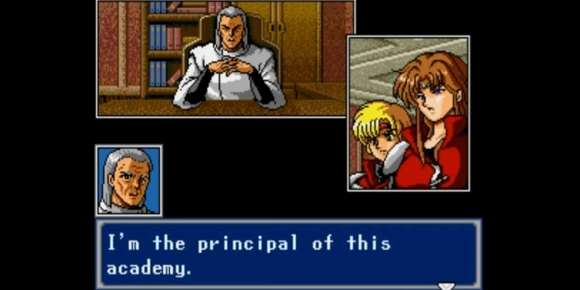 Hình ảnh cắt cảnh trong Phantasy Star IV, minh họa các nhân vật trong phong cách truyện tranh manga với khung hình và hộp thoại.