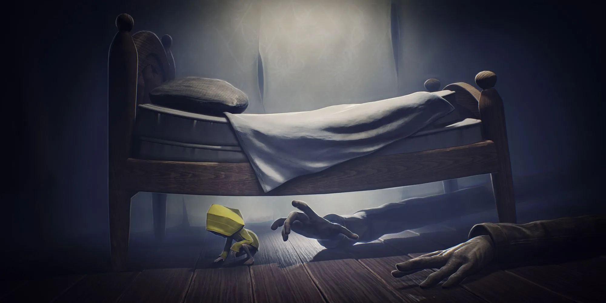 Hình ảnh cô bé Six trong Little Nightmares đi qua một hành lang kỳ dị.