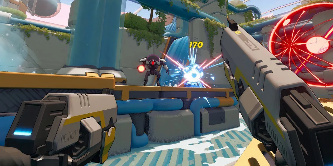 Hình ảnh gameplay cho thấy người chơi đang bắn robot địch trong RobotQuest