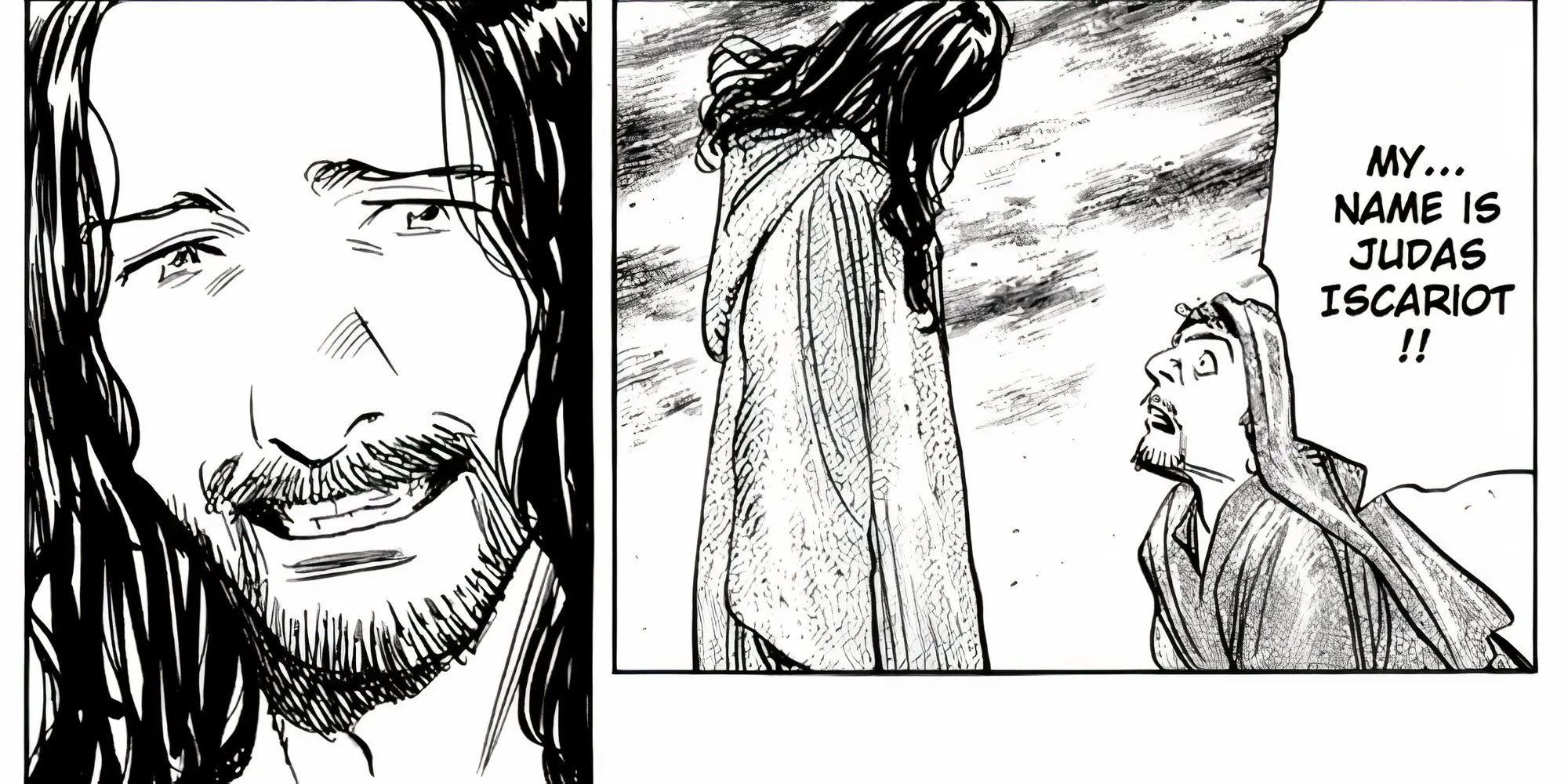 Hình ảnh Judas Iscariot đang nói chuyện với Jesus Christ ngoài trời trong manga Billy Bat