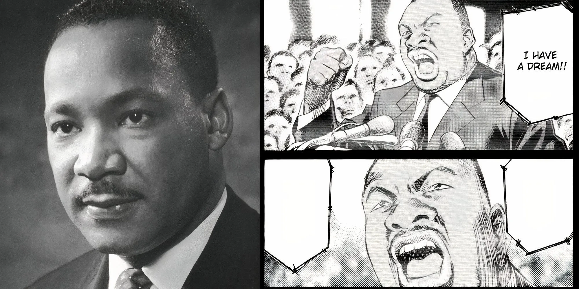 Hình ảnh Martin Luther King Jr. đang phát biểu trong các khung truyện manga Billy Bat, bên cạnh ảnh chụp ngoài đời thực