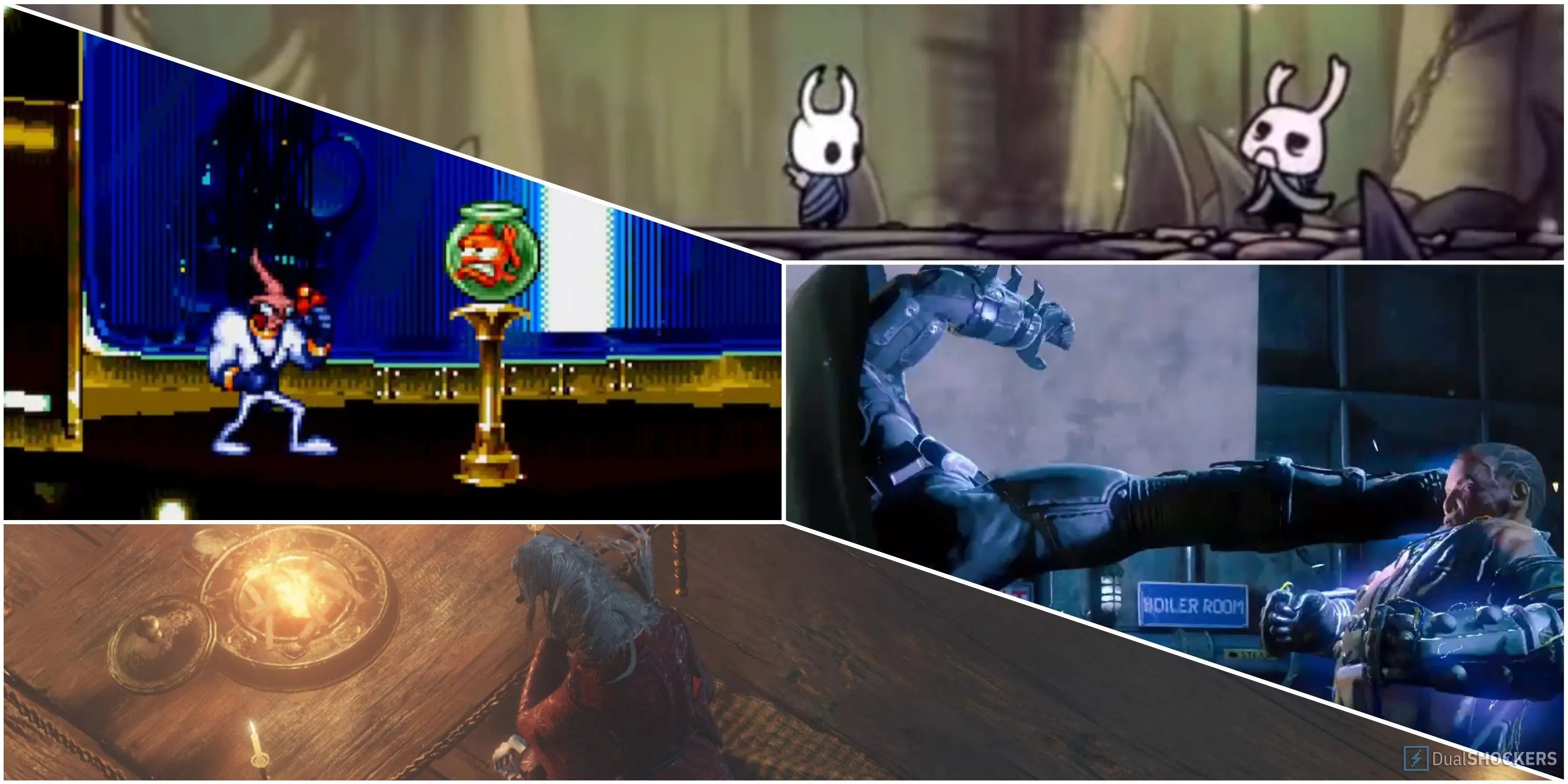 Hình ảnh minh họa các trận đấu boss không thể thua trong game (Hollow Knight, Earthworm Jim)