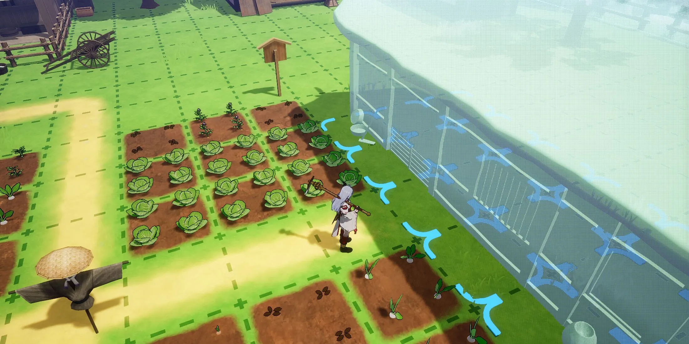 Hình ảnh người chơi tương tác với quái vật trong khu vực trồng trọt Rune Factory Guardians Of Azuma, kết hợp combat và nông nghiệp.
