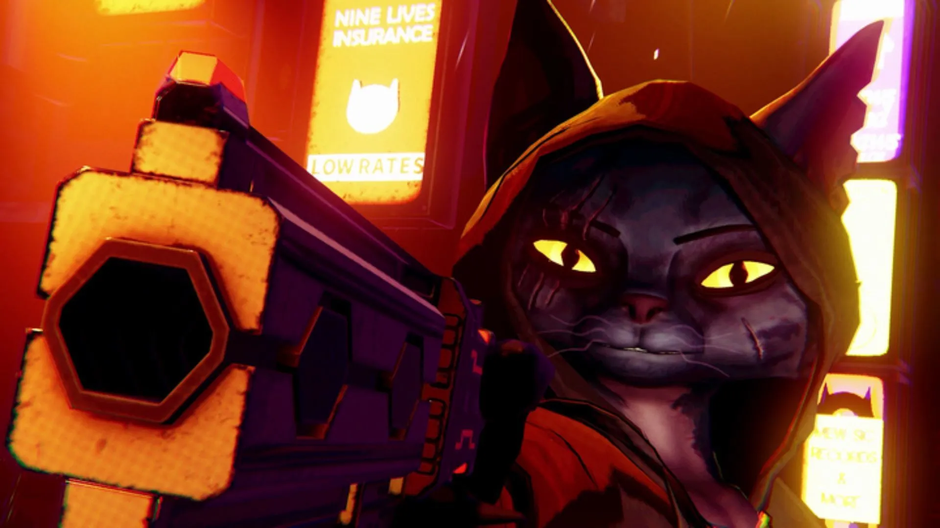 Hình ảnh nhân vật chính Hugh, chú mèo sát thủ cầm súng trong dự án game Cat Assassin lấy bối cảnh thành phố neo-noir