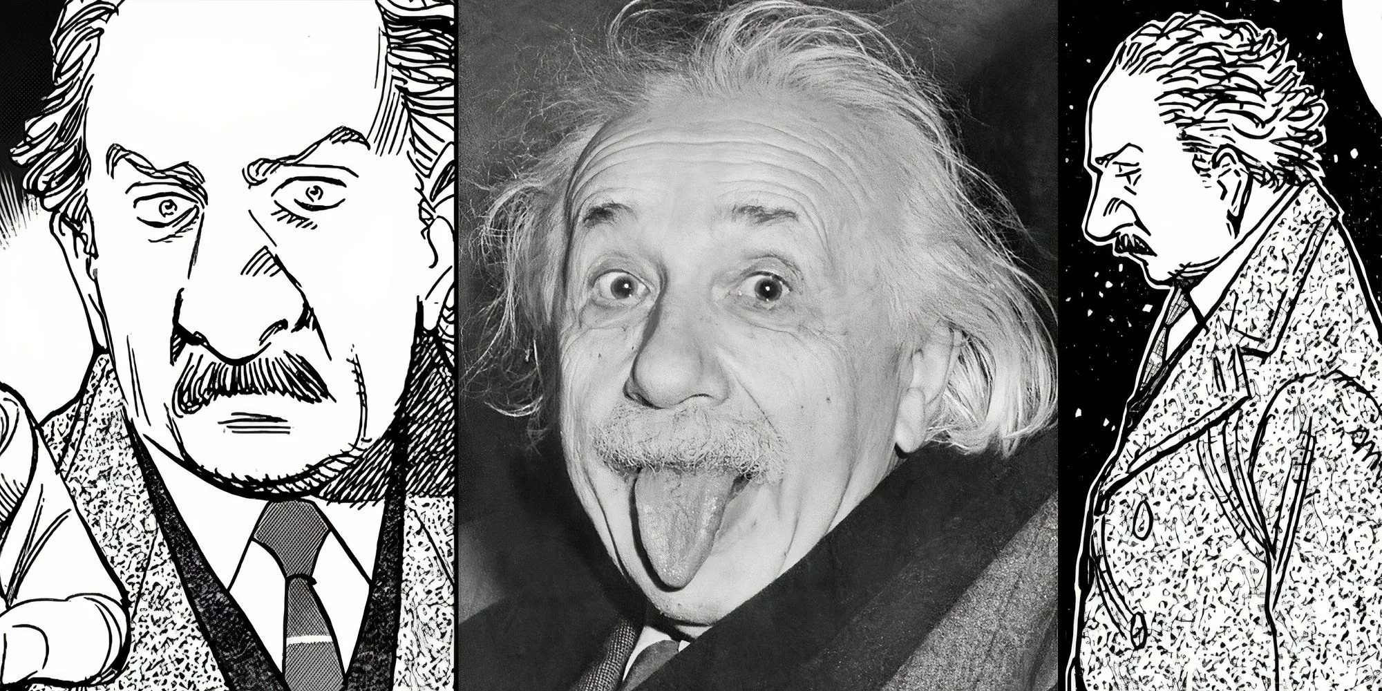 Hình ảnh so sánh Albert Einstein trong manga Billy Bat và bức ảnh chụp ông lè lưỡi ngoài đời thực