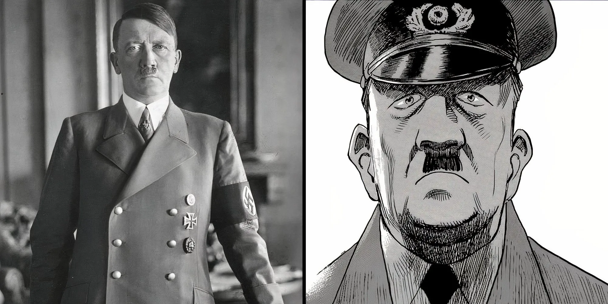 Hình ảnh so sánh chân dung Adolf Hitler ngoài đời thực và trong manga Billy Bat