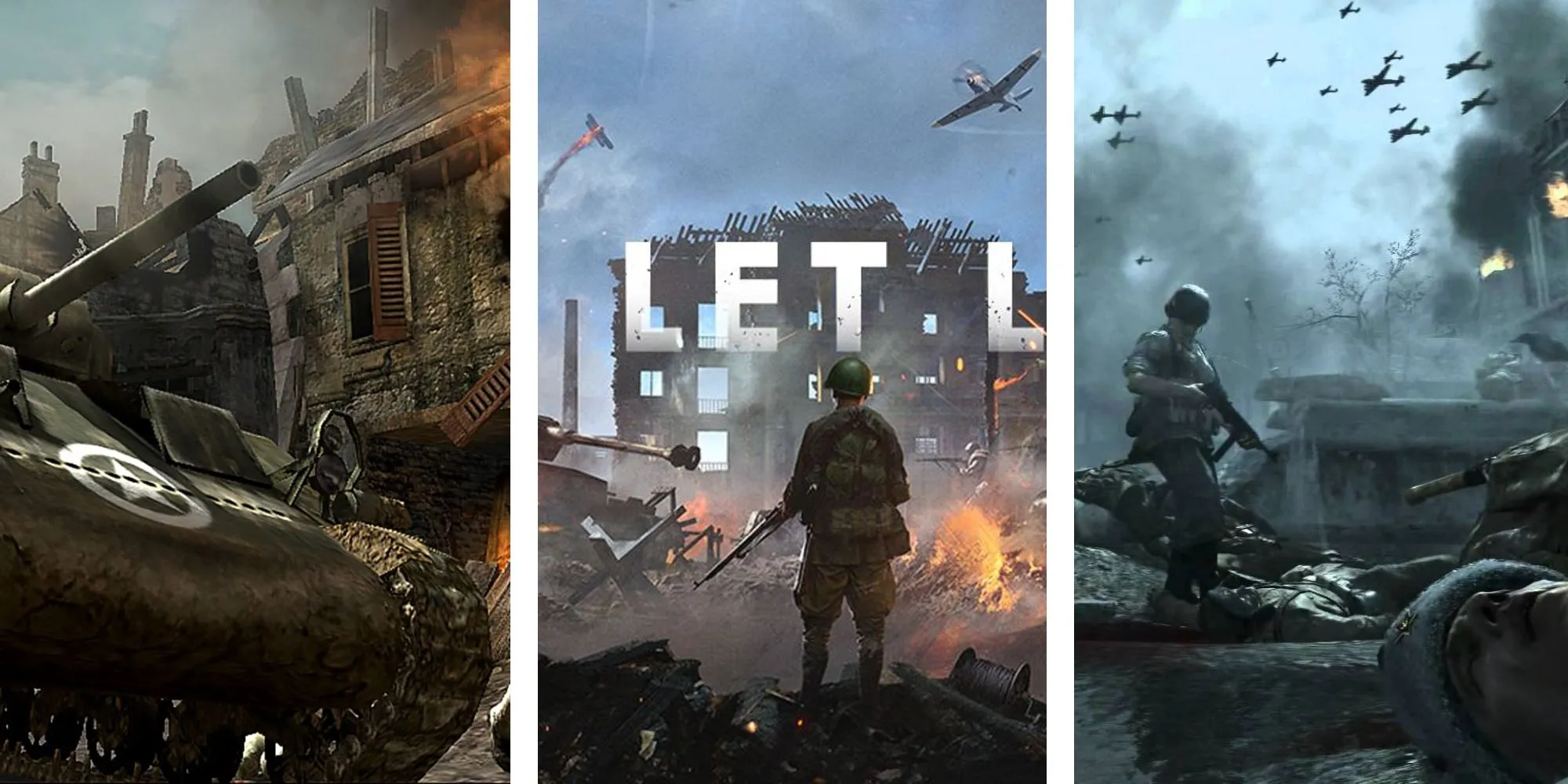 Hình ảnh so sánh hoặc tổng hợp các game FPS lấy bối cảnh chiến tranh Thế giới thứ 2, như Call of Duty hay Hell Let Loose.