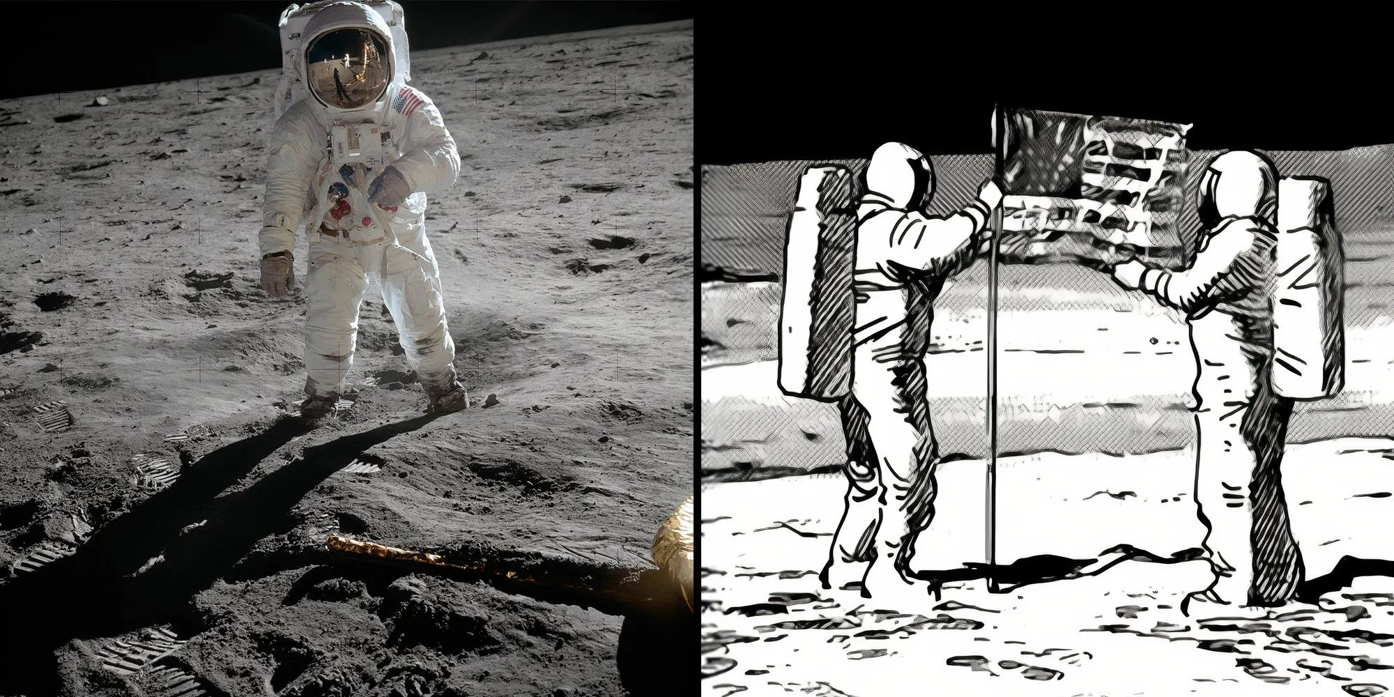Hình ảnh so sánh khoảnh khắc đổ bộ Mặt Trăng của Neil Armstrong ngoài đời thực và trong manga Billy Bat