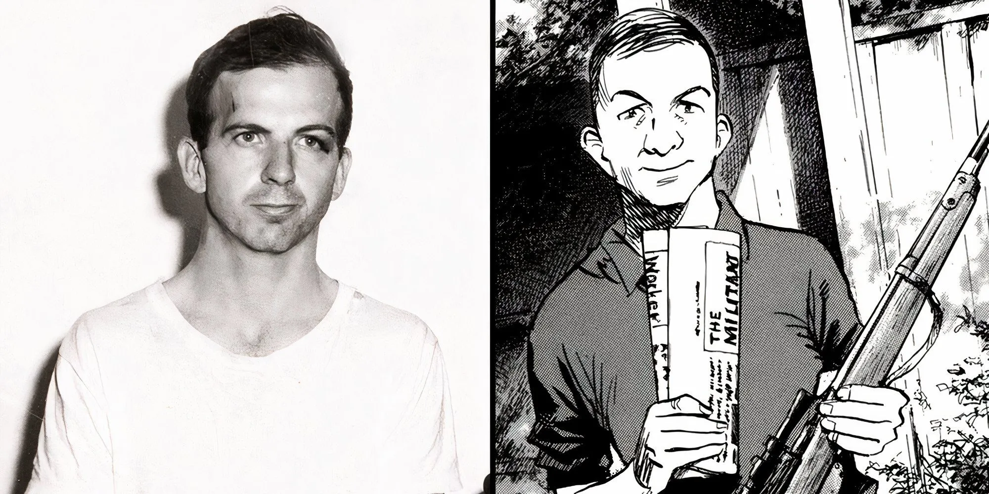 Hình ảnh so sánh Lee Harvey Oswald ngoài đời thực và trong manga Billy Bat