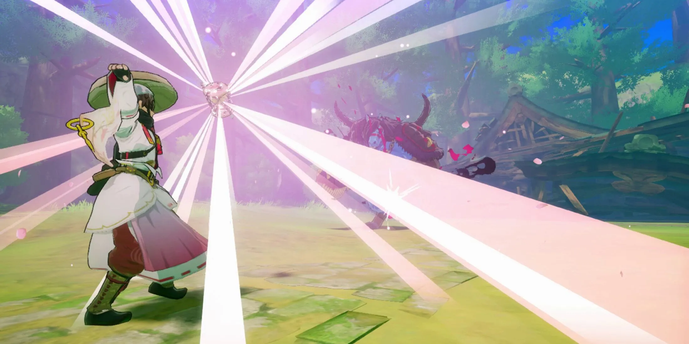 Hình ảnh thị trấn và nhân vật trong Rune Factory Guardians Of Azuma, thể hiện đồ họa anime và môi trường game.