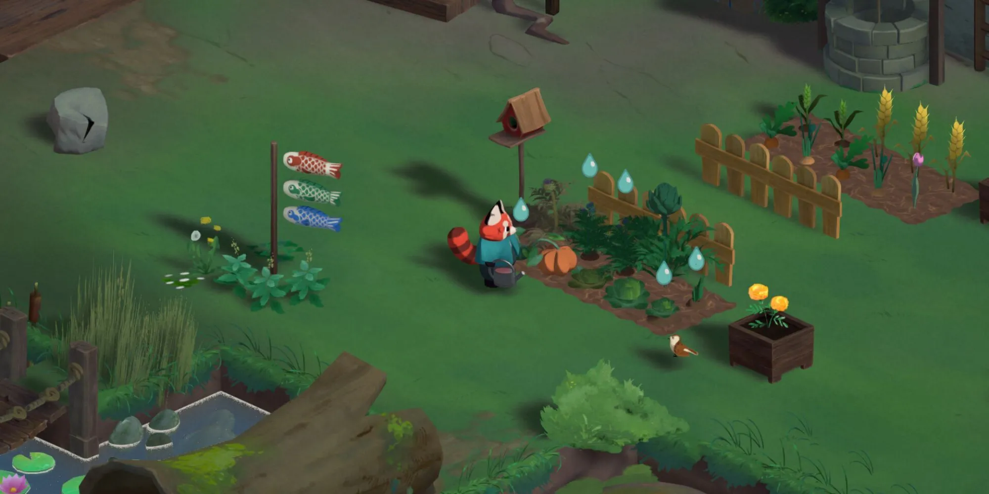 Hoạt động trồng trọt thư giãn trong game Aka về đề tài hậu chiến