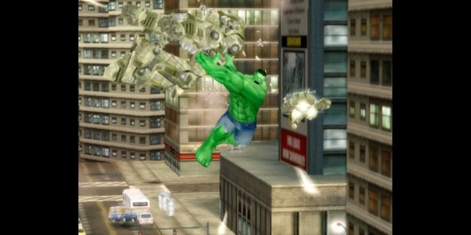 Hulk khổng lồ đang phá hủy một tòa nhà cao tầng trong The Incredible Hulk: Ultimate Destruction