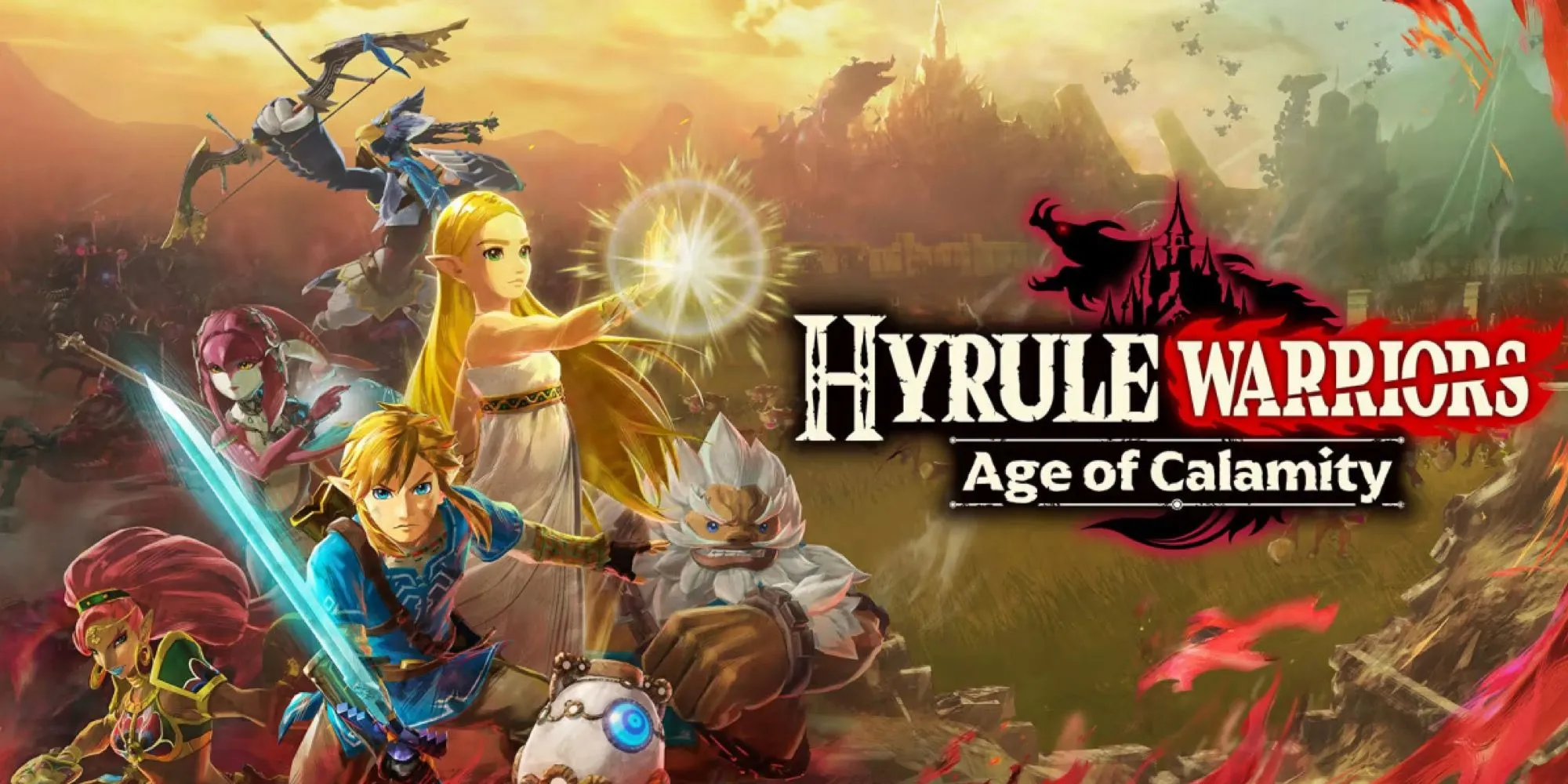 Hyrule Warriors Age of Calamity cover art với Link, Zelda, Impa và các tướng khác trong phong cách Breath of the Wild