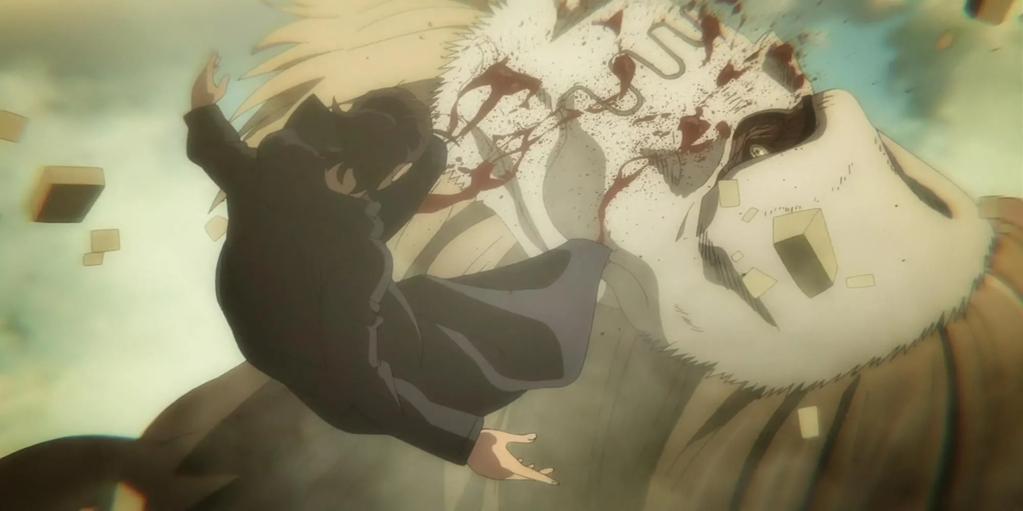 Jaw Titan của Porco xuất hiện bất ngờ từ mặt đất trong trận chiến ở Attack on Titan