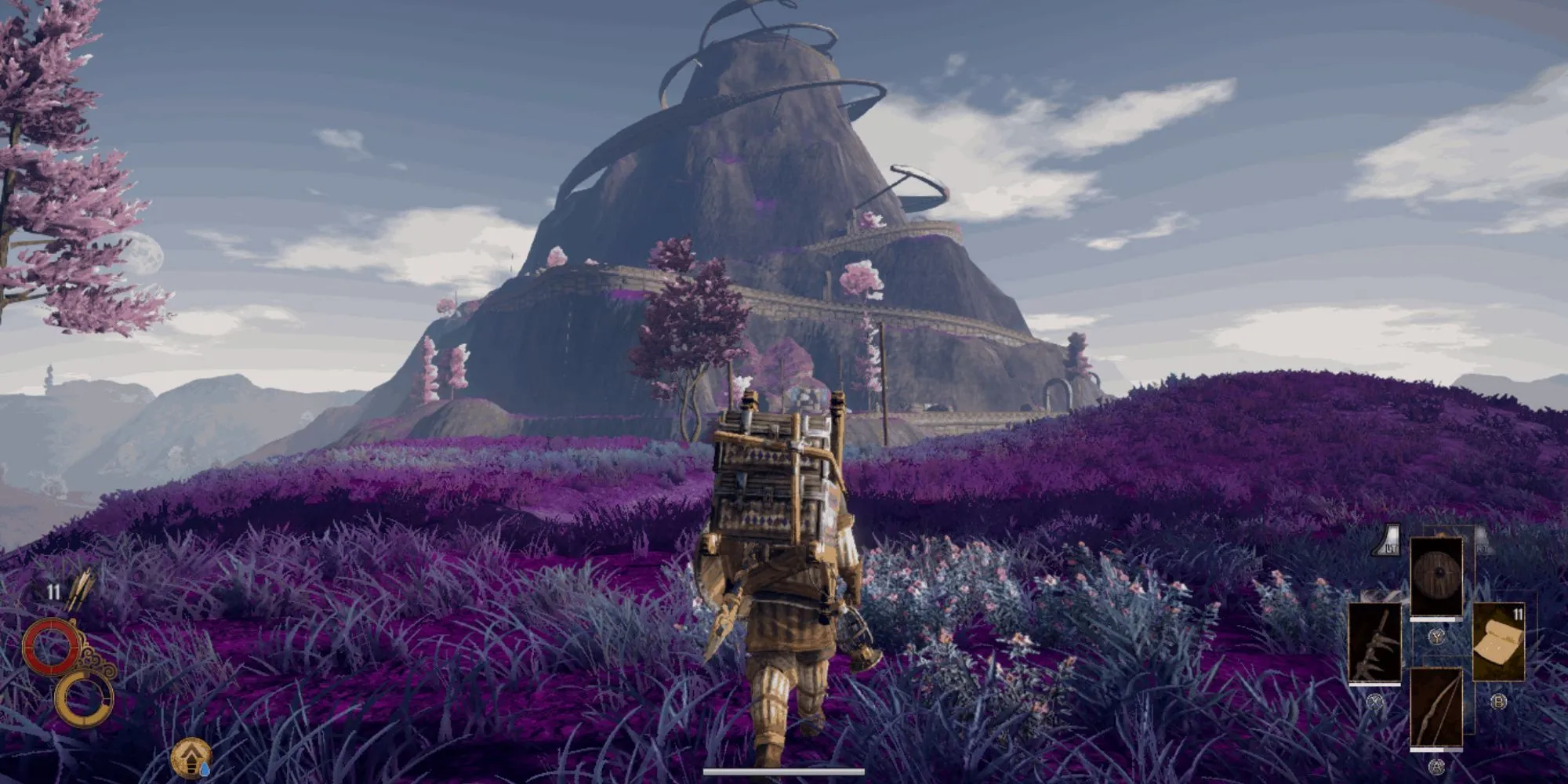 Khung cảnh đồng cỏ màu tím đặc trưng trong game nhập vai Outward