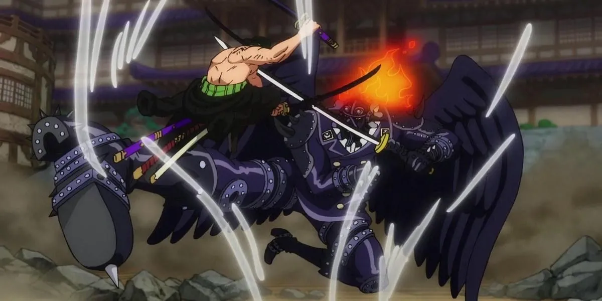 Kiếm sĩ Roronoa Zoro chiến đấu chống lại King Bão Lửa trong trận chiến tại Wano Quốc