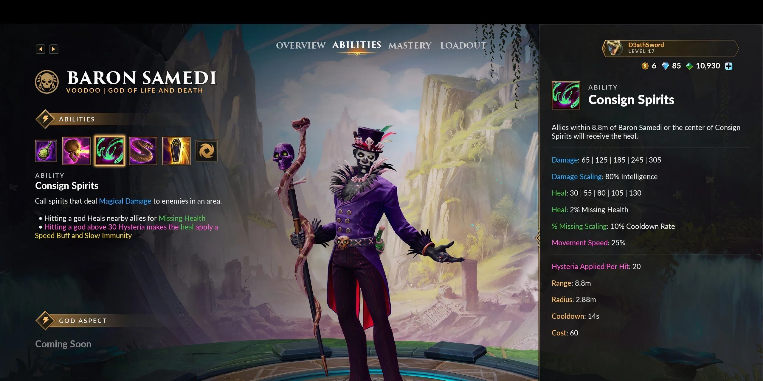 Kỹ năng số 2 Consign Spirits của Baron Samedi trong SMITE 2 trên trang thông tin kỹ năng