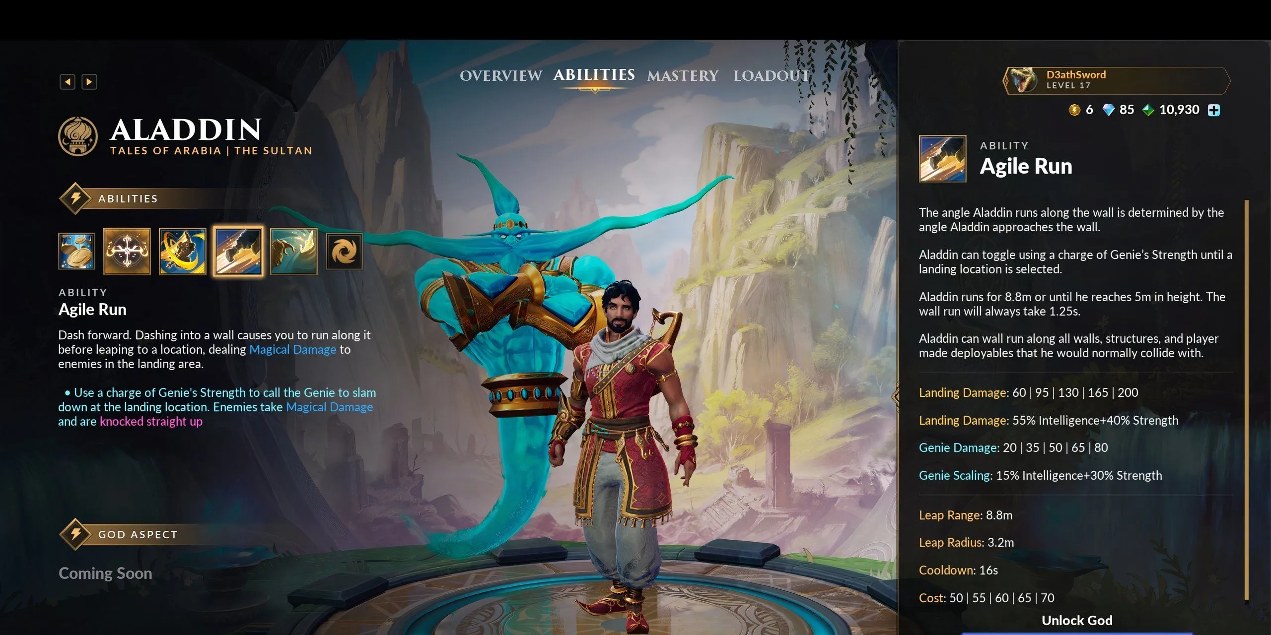 Kỹ năng số 3 Agile Run của Aladdin trong SMITE 2 trên trang thông tin kỹ năng