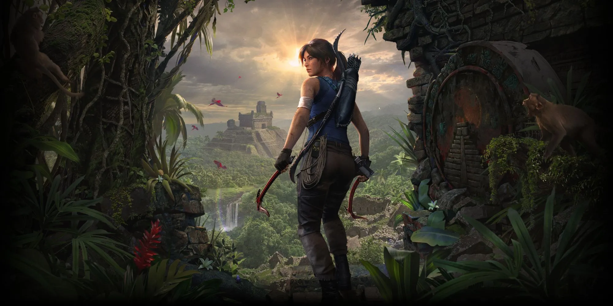 Lara Croft khám phá tàn tích cổ trong rừng rậm trong Shadow of the Tomb Raider.