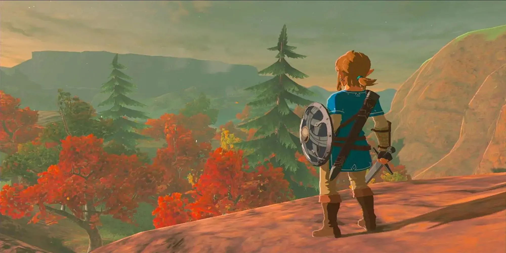Link nhìn ra cảnh quan rộng lớn từ trên vách đá trong The Legend of Zelda Breath of the Wild