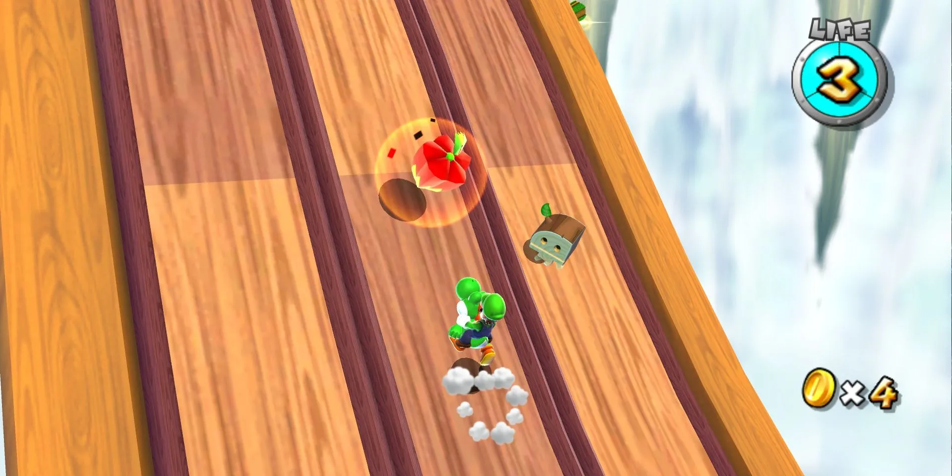 Luigi cưỡi Yoshi trong màn Hightail Falls của Super Mario Galaxy 2
