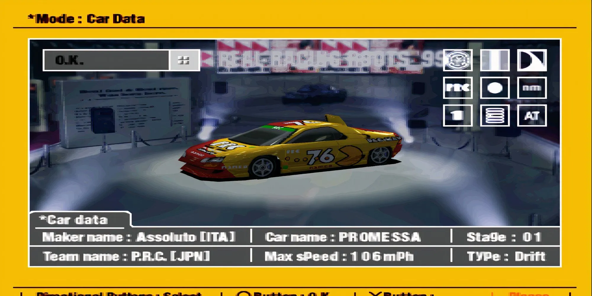 Màn hình lựa chọn xe trong Ridge Racer Type 4 trên PS1
