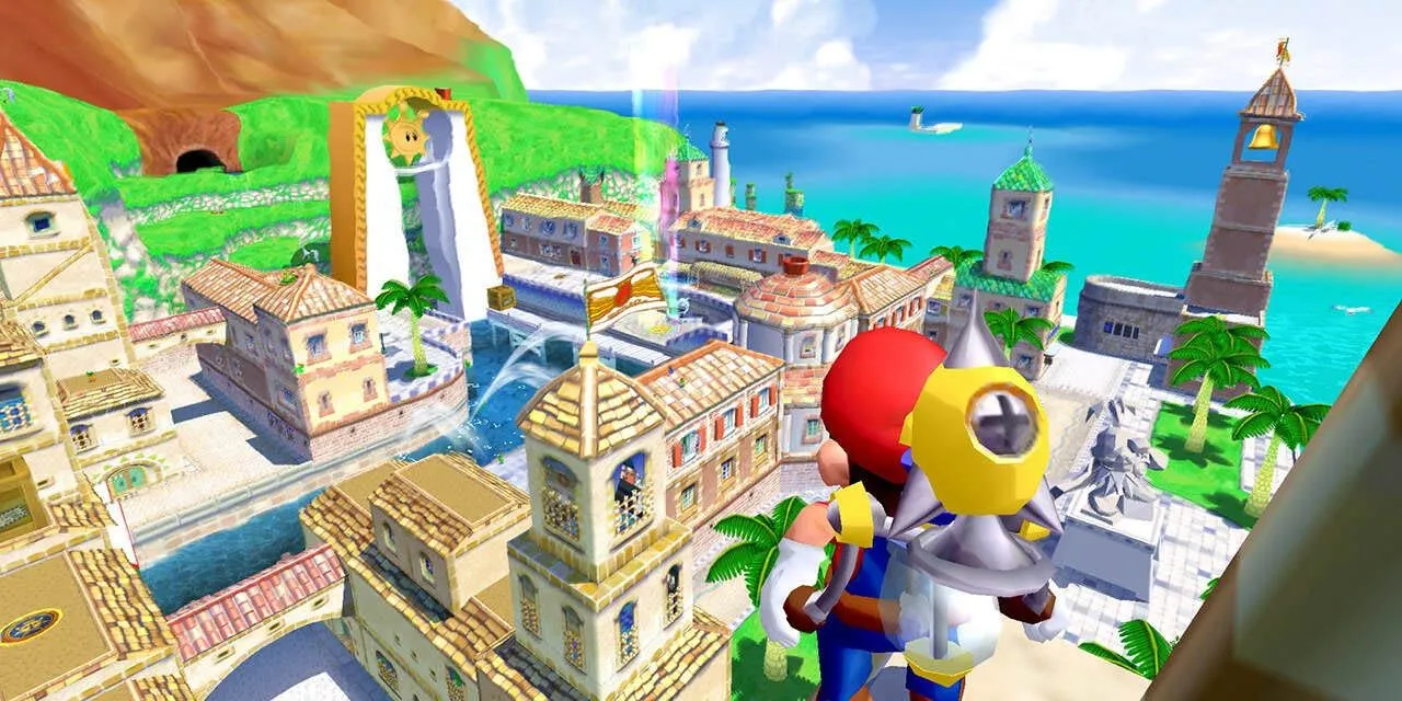 Mario và FLUDD ngắm nhìn quảng trường Delfino trong Super Mario Sunshine