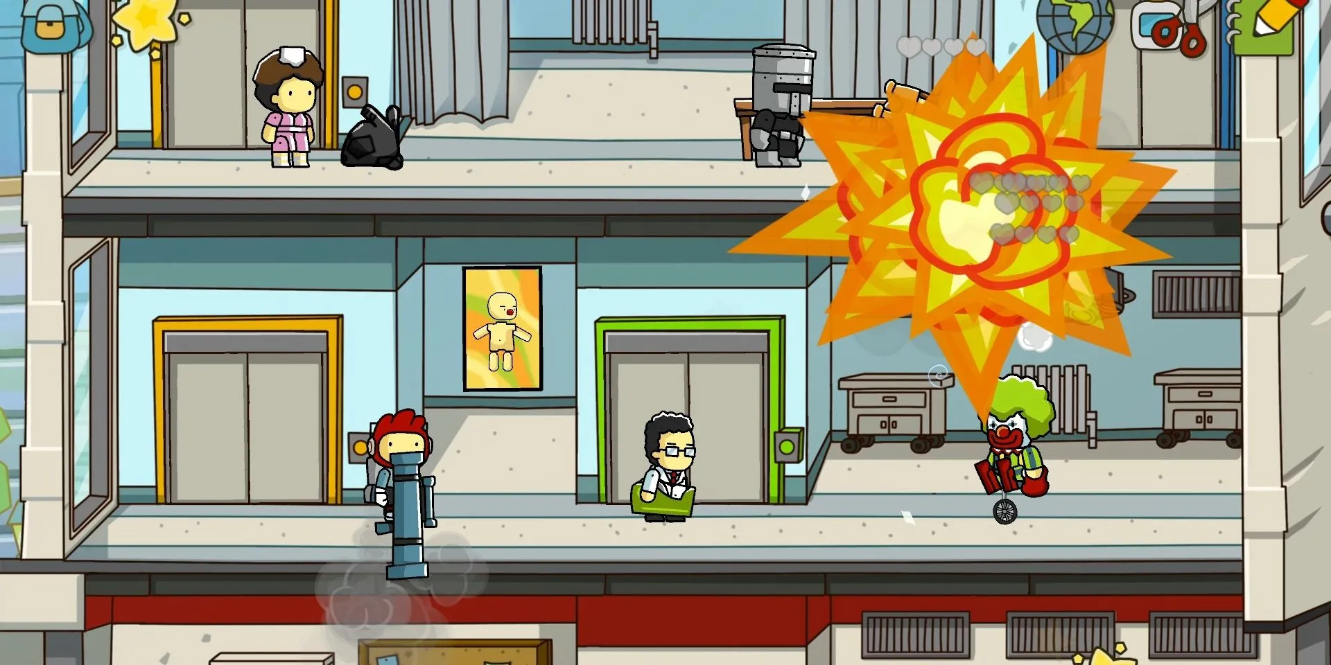 Maxwell sử dụng ống phóng tên lửa tấn công chú hề trong Scribblenauts Unlimited