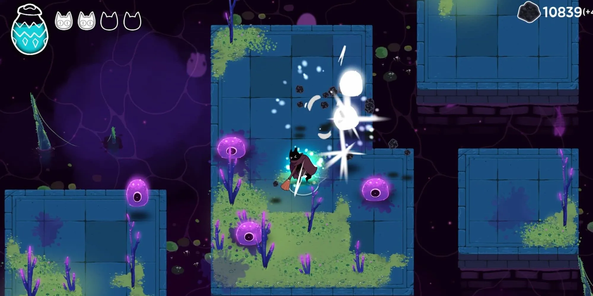 Mèo ma Pluto chiến đấu với kẻ địch trong game Crypt Custodian