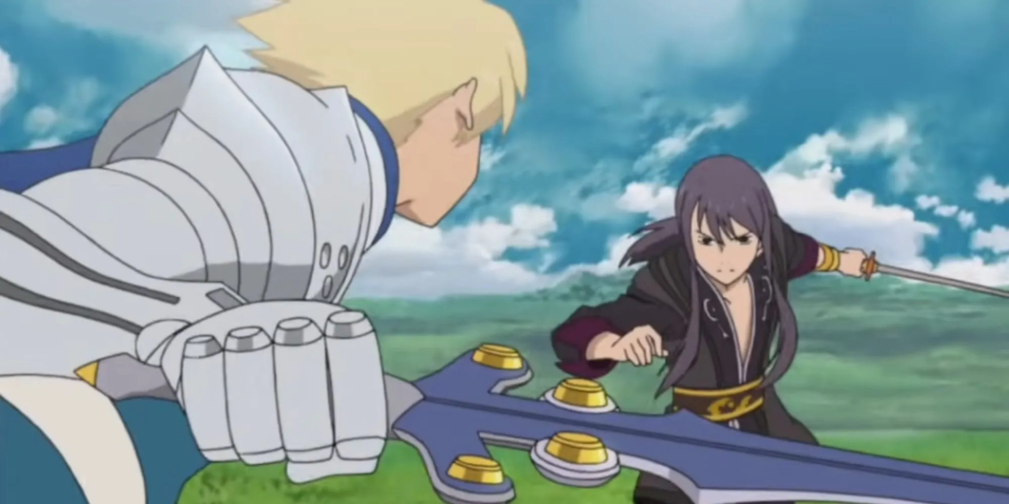 Một cảnh cắt cảnh anime đầy hành động từ Tales of Vesperia, thể hiện Yuri Lowell và nhóm bạn đang chiến đấu hoặc di chuyển với tốc độ cao.